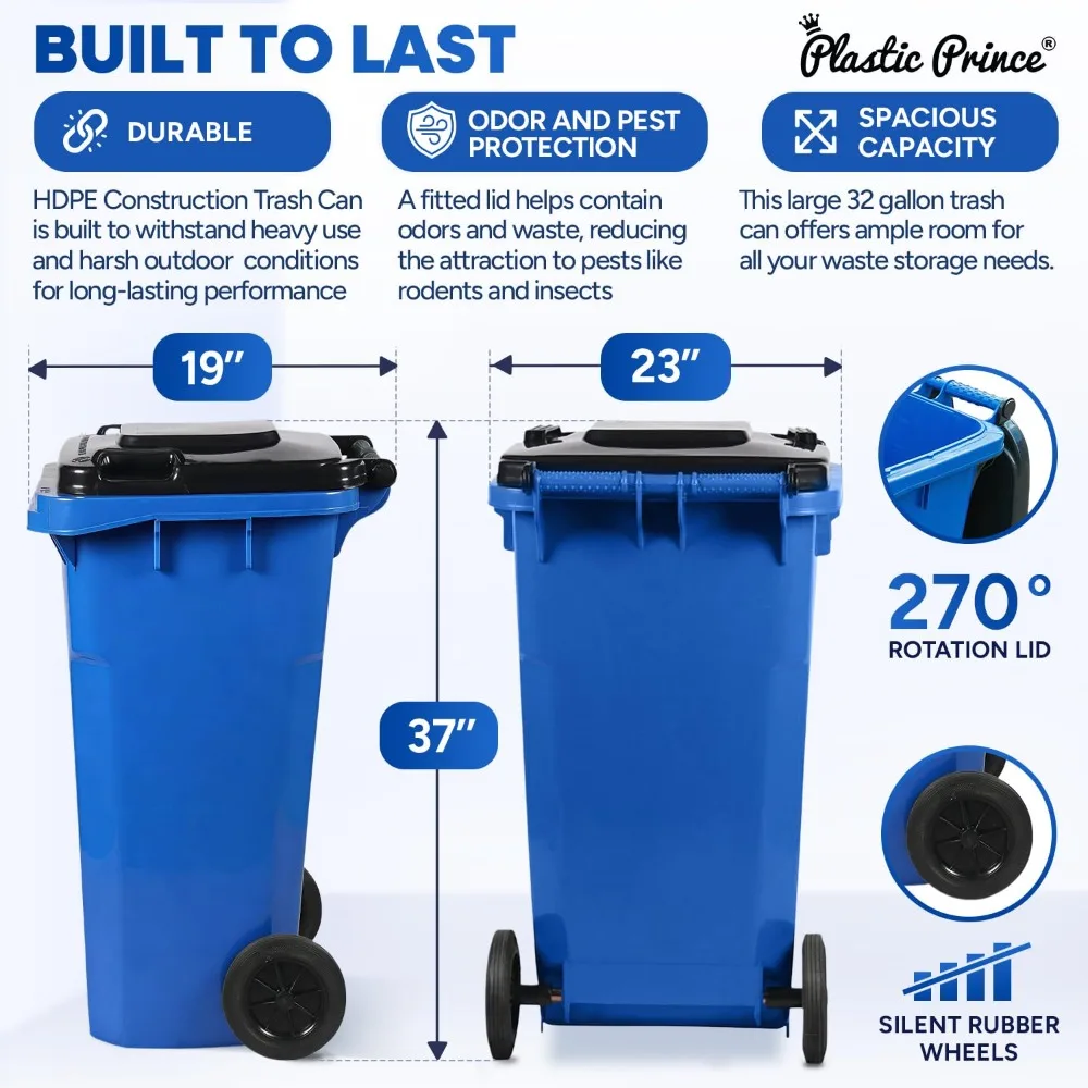 32 Gallon Outdoor Recycling Bin with Lid and Wheels Heavy Duty Blue Trash Can for Warehouse Hospital Restaurant Office