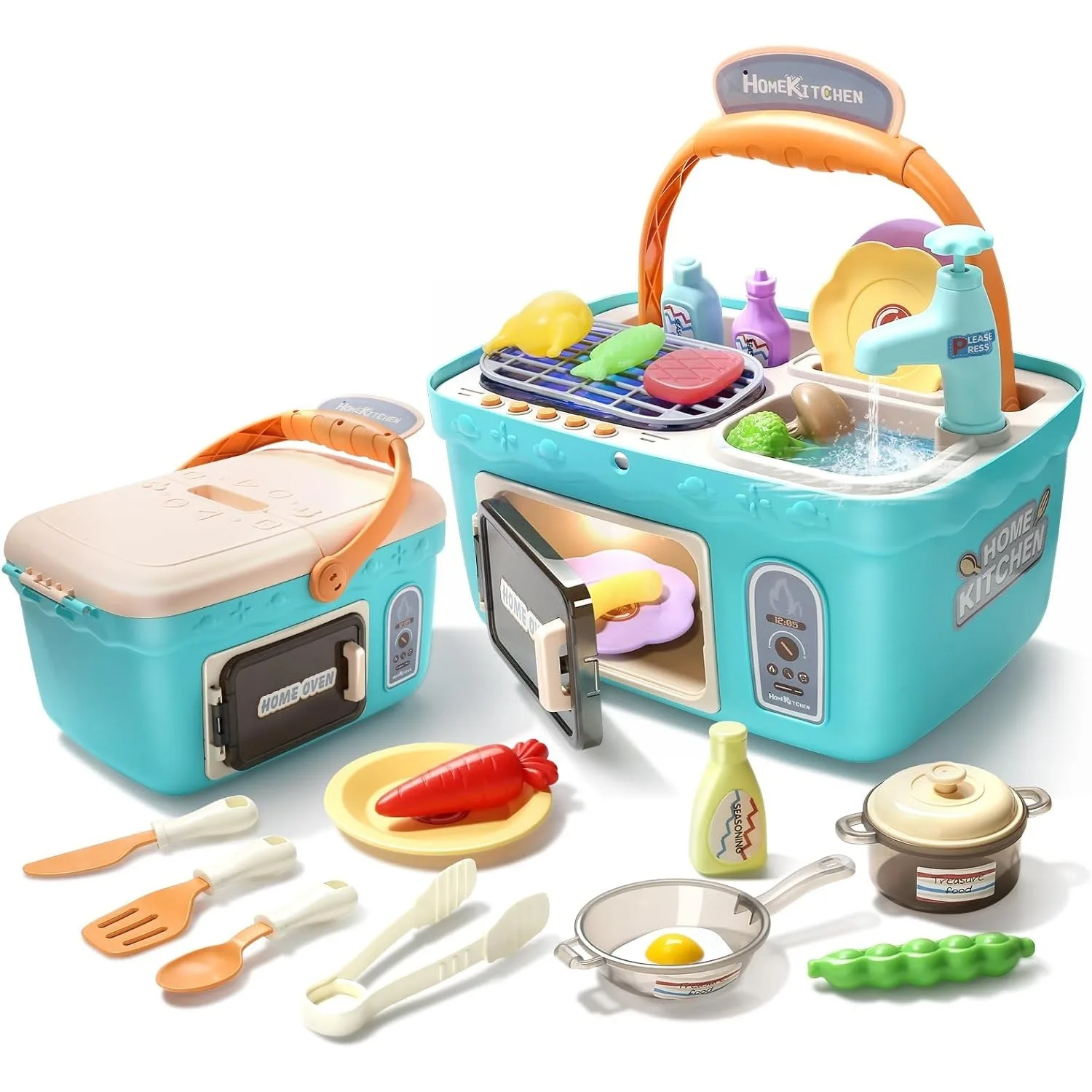 Kids Picnic Kitchen Playset Portable Pinic Basket with Musics & Lights Play Foods Sink Pretend Play Oven Toys for Boys and Girls