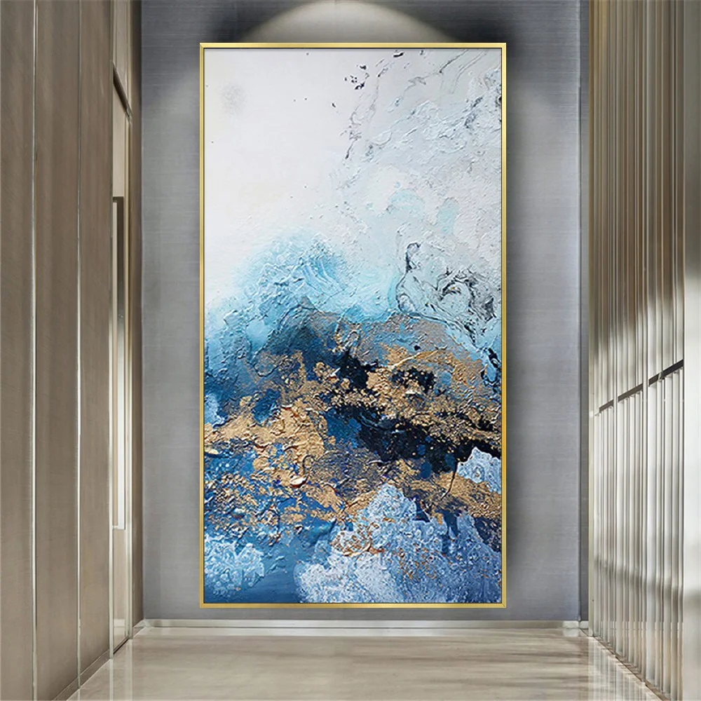 

100% Hand-Painted Light Scraper Textured Abstract Canvas Oil Painting Wall Art Picture Modern Blue Gold Mural Poster Decor Home