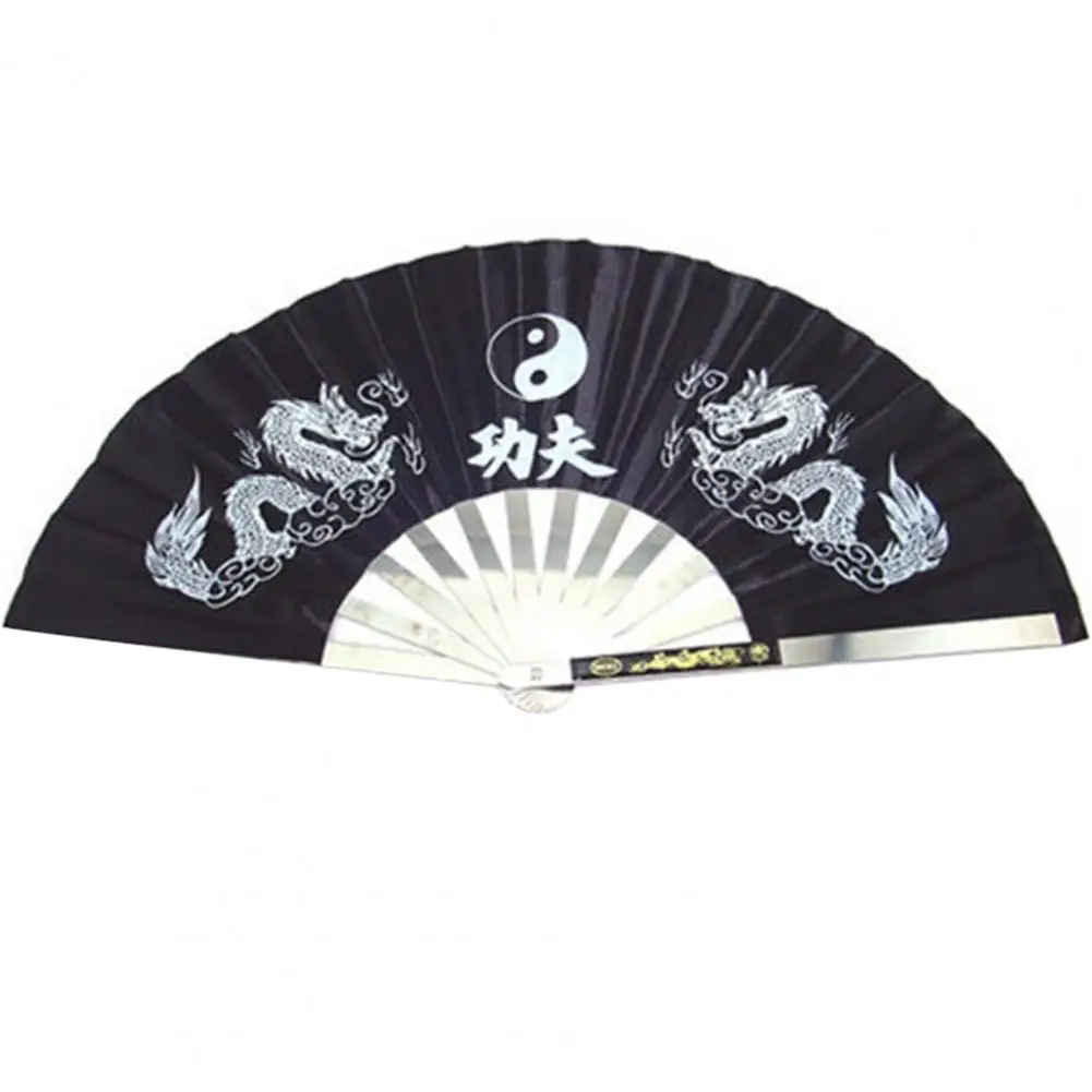 Martial Art Fan Lightweight Tai Ji Fan Dual Dragon Print Rust-proof Stainless Steel Rib Folding Fan Performance Prop