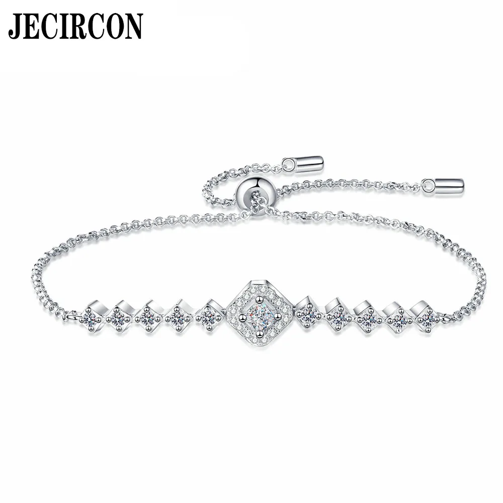 JECIRCON 925 Sterling Silver Full Moissanite Bracelet for Women Three-Dimensional Square Push-Pull Adjustable Chain Fresh Simple