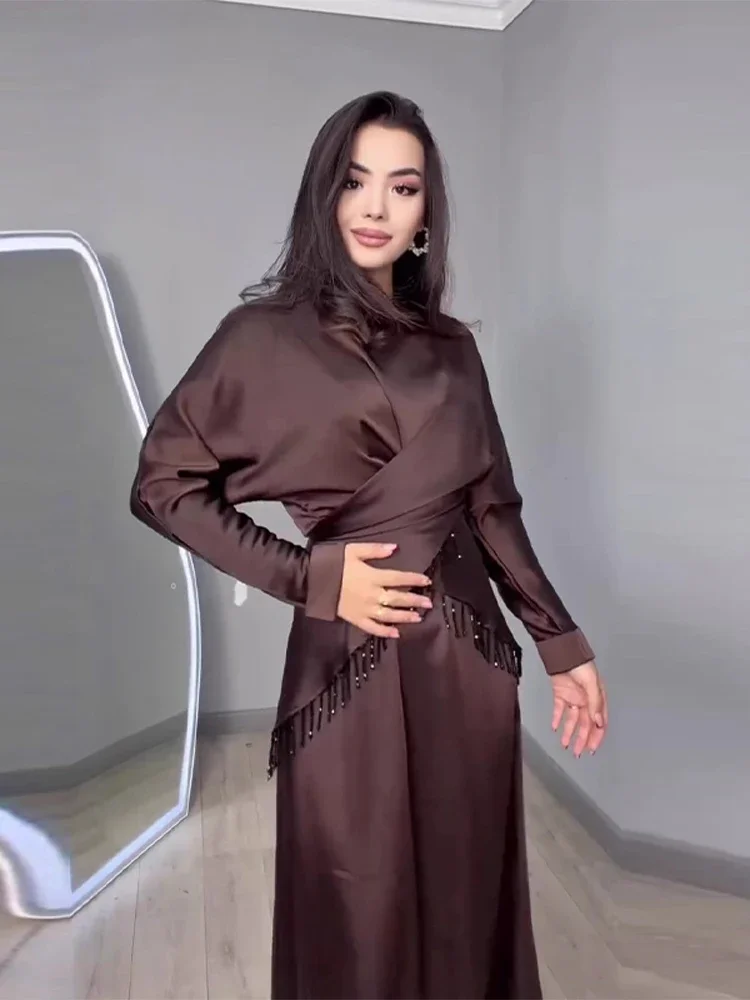 Women Elegant Brown Sleeveless Dress Set Chic Solid Fringes Beaded Lace-up Top Long Dresses Sets 2026 Lady Evening Dinner Outfit