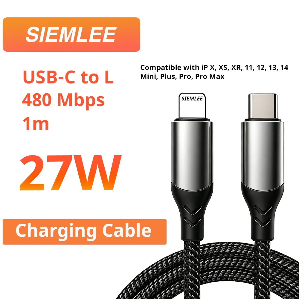 USB-C to L Cable for iPhone X/11/12/13/14 Fast Charge PD 27W SIEMLEE SLCB01