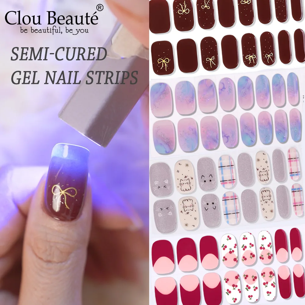 Semi-Cured Gel Nail Strips 16 Tips Adhesive Multi-pattern DIY Press On Nails Full Cover Salon Quality Home Manicure
