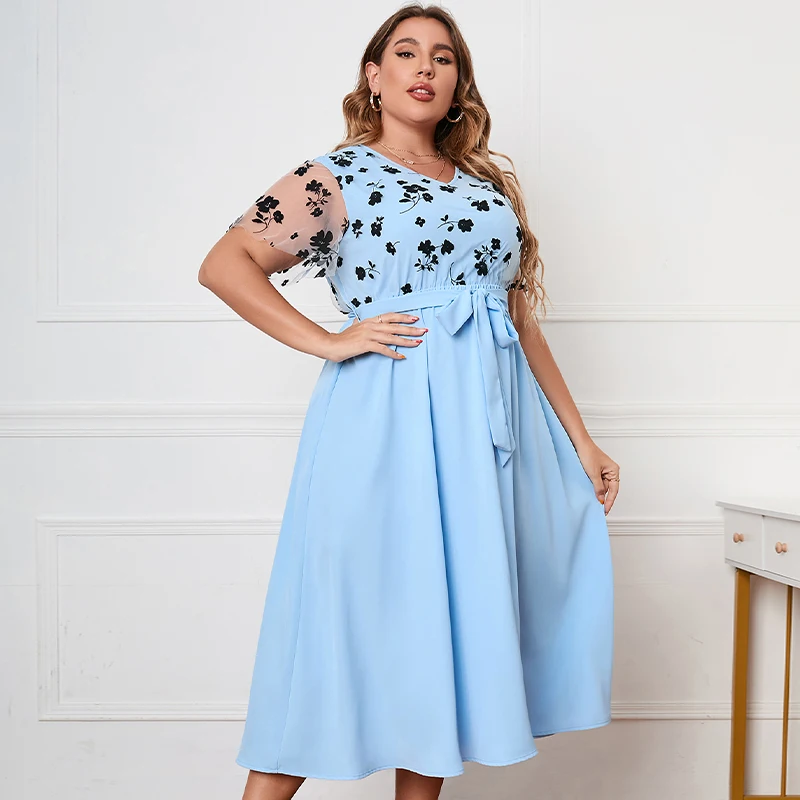 KEBY ZJ 3XL 4XL Plus Size Women Clothing Lace Short Sleeve Long Dress Summer V-Neck Belt Blue Floral Print Lady Big Size Dresses