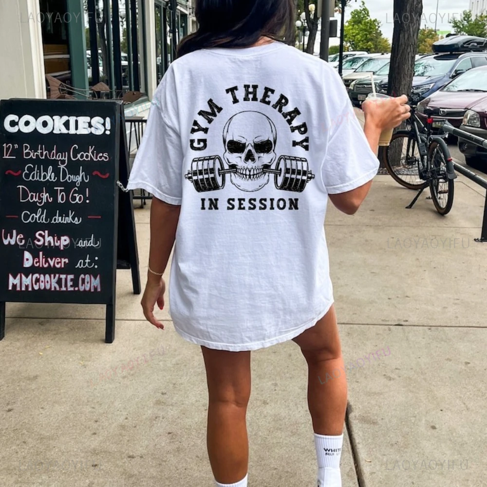 Funny Deadlift Skull Weightlifting Gym Therapy in Session Cotton Graphic T Shirts Gift for Men Woman Pump Cover Rat Lover