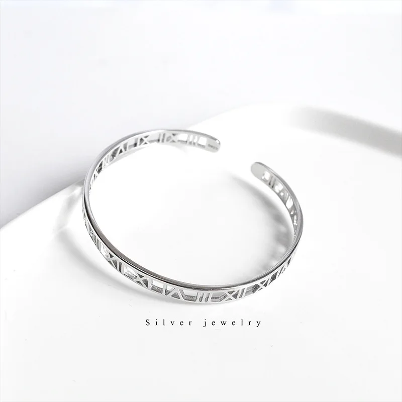 Amxiu Handmade 925 Sterling Silver Open Bangle Customize Roman Numerals Bangles Wide Bracelet Bangle For Women Men Accessories