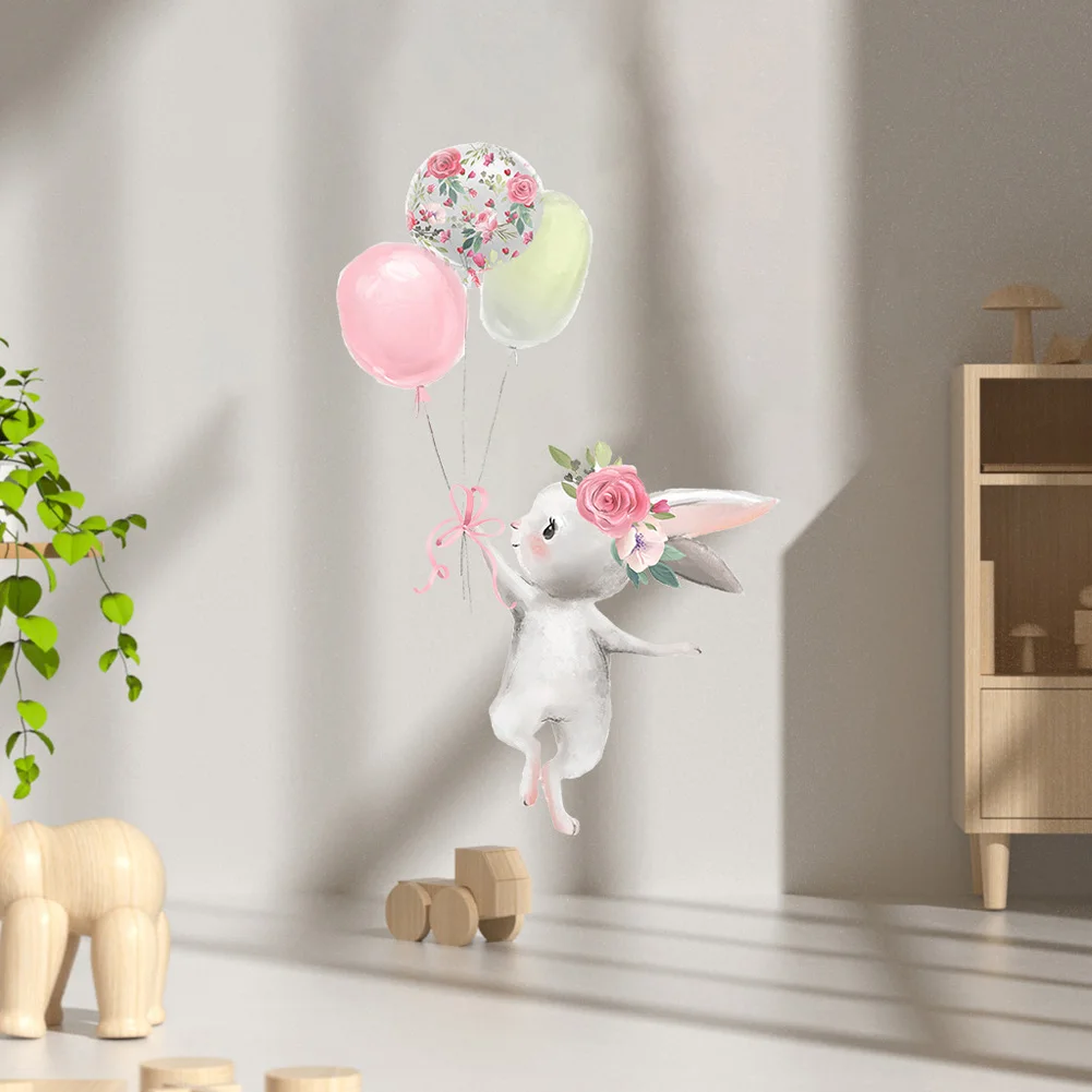 Cute Rabbit Playing Balloons Wall Sticker Living Room Bedroom Home Decor Wallpaper Kids Room Decoration Removable Mural Stickers