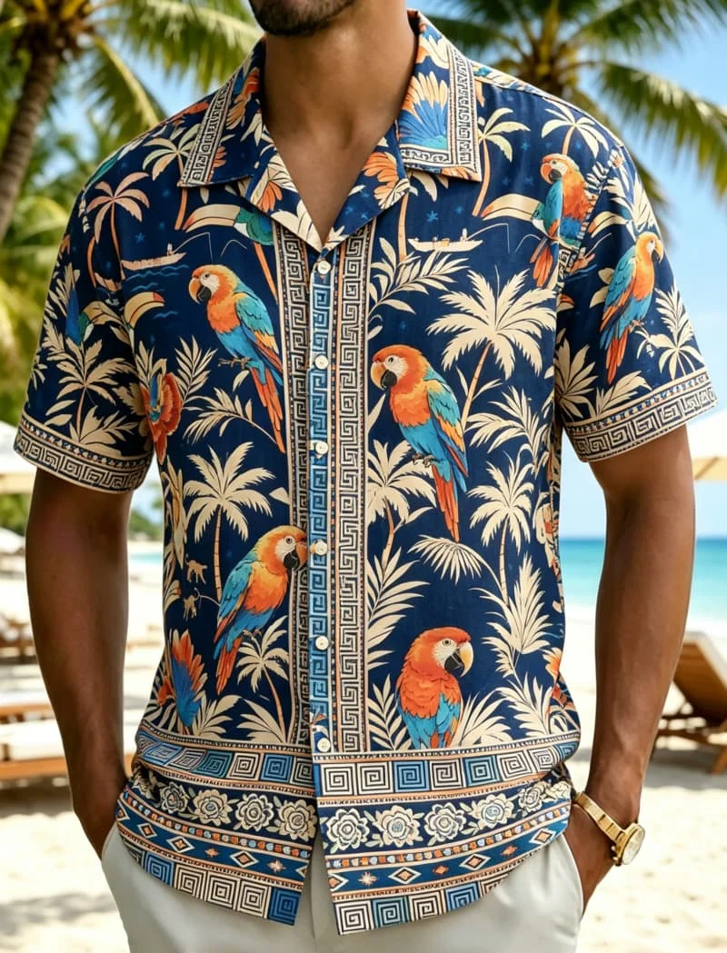 Men's exotic animal and plant printed Hawaiian shirt, for party events, nightclub celebrations, street wear, and weekend travel