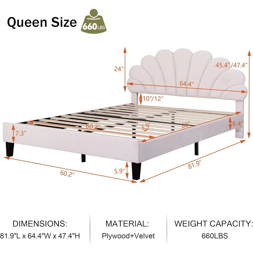 Bases de cama con plataforma tapizada, cabecero de terciopelo con patrón de flores, No requiere resorte de caja