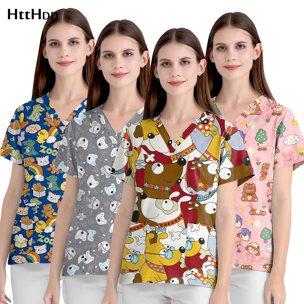 Uniform Verpleegster Vrouwen Bedrukt Scrub Top Hot Selling Multi-Color Modieuze Uniformen Met Korte Mouwen Cartoon Patroon Shirt Groothandel