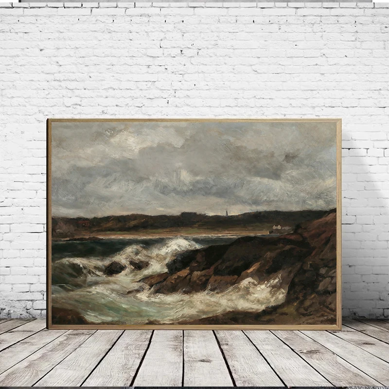 Vintage Rustic Coastal Beach Ocean Landscape Pirate Ship Neutral Painting Canvas Poster Wall Art Pictures Home Bedroom Decor