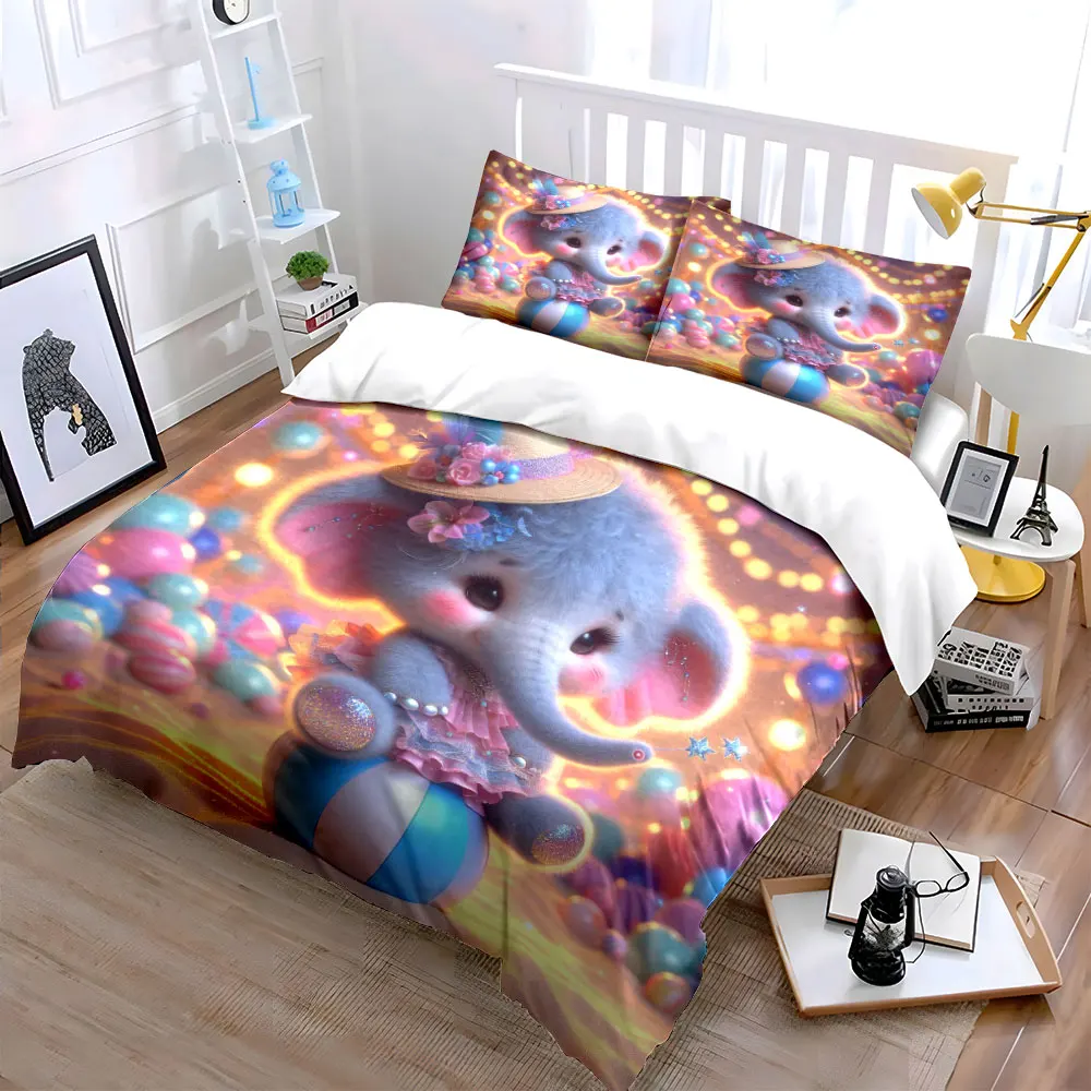 Adorable elephant in pink dress mystical setting Print Bedding Set 1 Duvet Cover 2 Pillowcases for Adult Children Luxury Gift