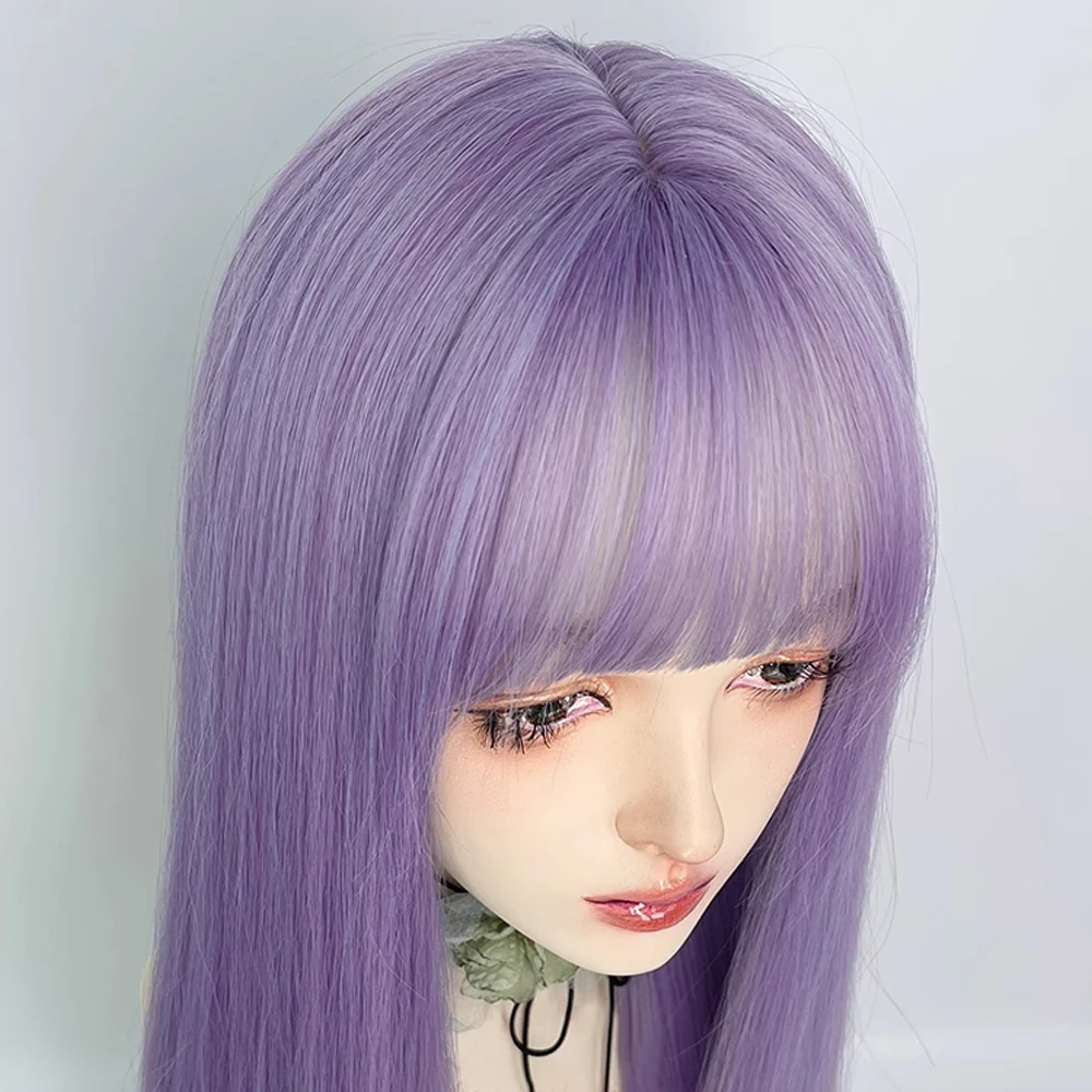 VICWIG Synthetic Long Straight Purple Lolita Cosplay Wig with Bangs Fluffy Women Hair Heat Resistant Wig for Daily Party