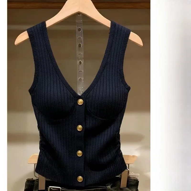 Slimming V-Neck Blue Vest Summer New Style Inner Wear Belted Tank Top Women's Fashionable Tailored Polyester Fiber Casual Wear