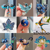 Rinhoo Luxury Blue Color Cat Dragon Animal Flower Leaf Brooch For Women Lapel Pins Plant Badge Party Jewelry