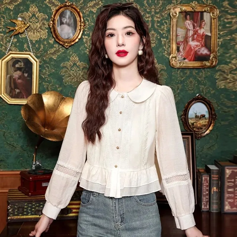 Cardigan Patchwork à manches longues et col de poupée pour femmes, chemise haute, couleur unie, ajouré, mode, haut élégant