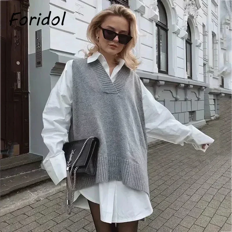 Foridol V Neck Sleeveless Long Waistcoat Women Autumn Winter Sweater Vest Oversized Casual Office Streetwear Gray Vest Pullover