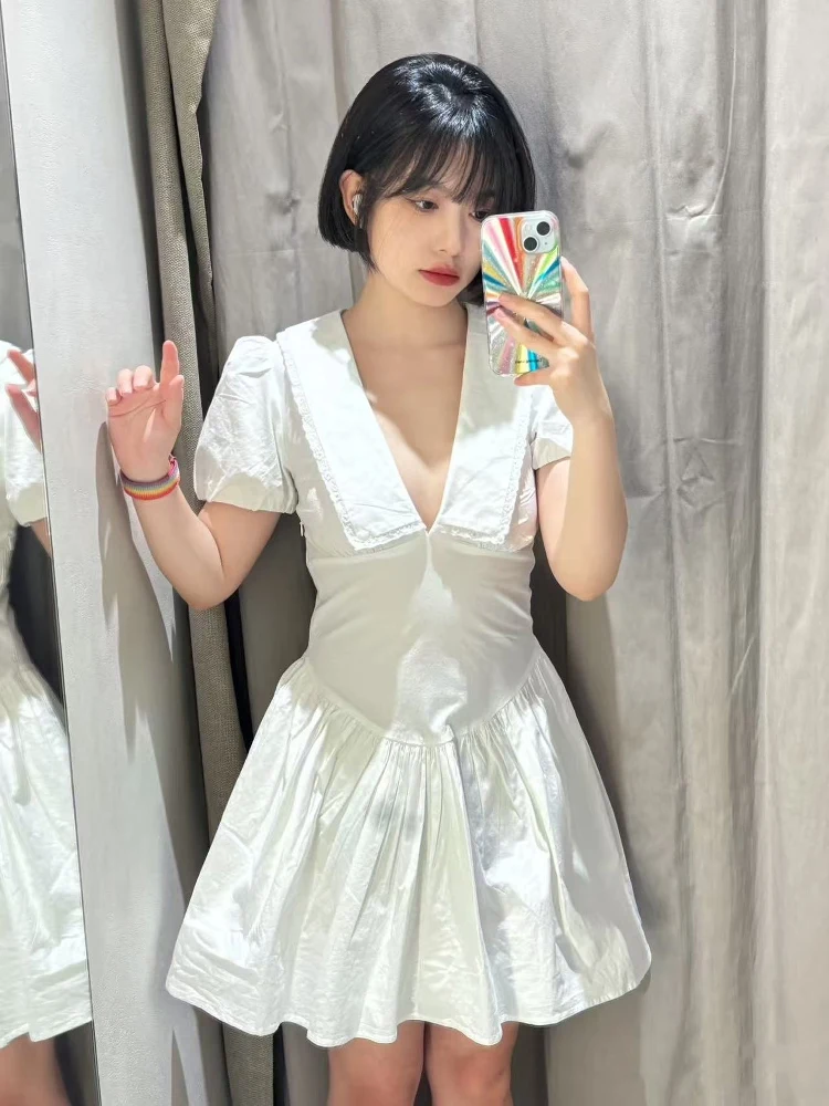 2025년 여름 신상 여성용 스위트 슬레 하이웨이스트 버블 스웨이드 코튼 거즈 드레스 브이넥 라운드 헴 A라인 스커트