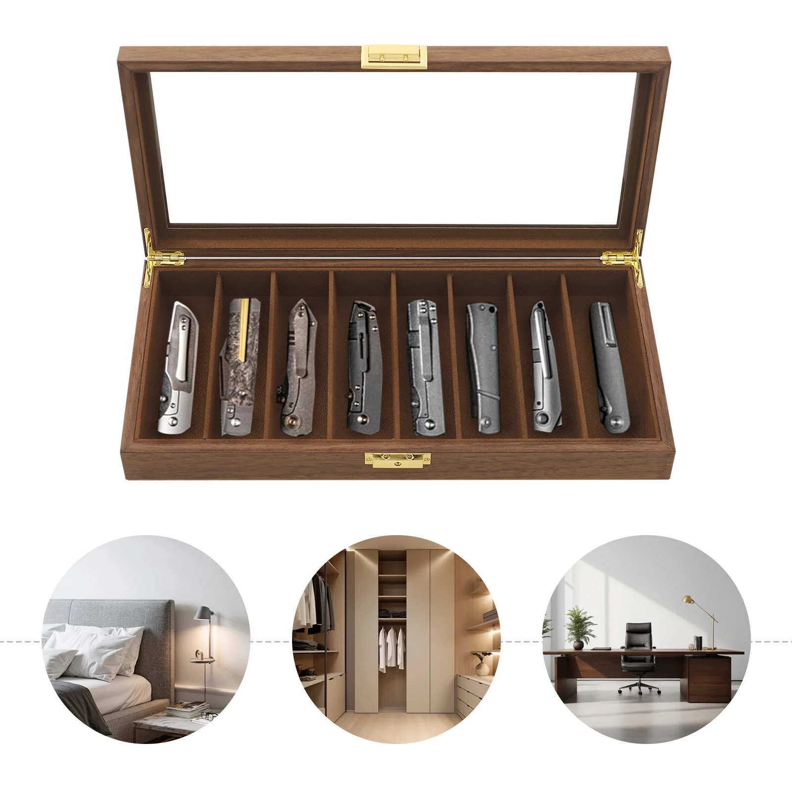 

Walnut Color Density Boards Knife Display Case,Rectangular Knife Storage Box Compartments 8,40*19*5 cm for Storing Knives