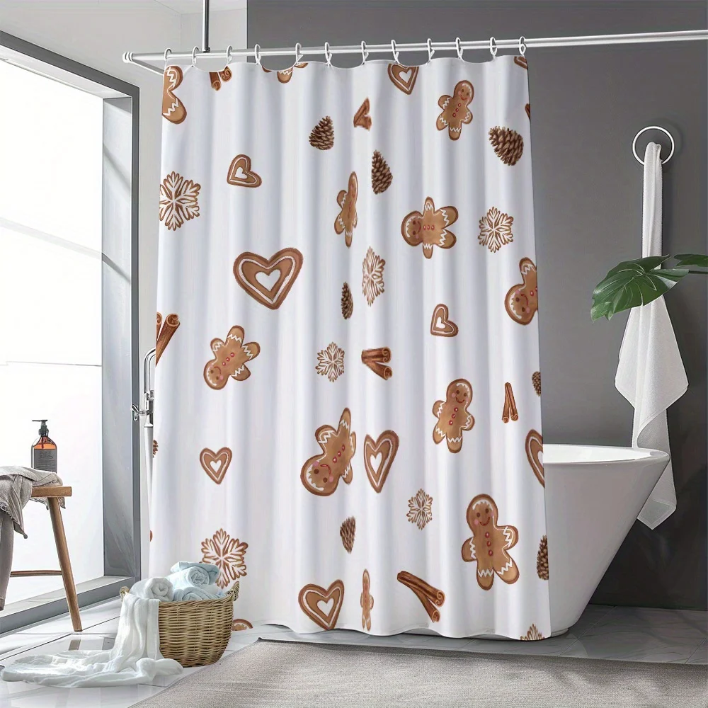 Cute Gingerbread Man Shower Curtain Waterproof Bath Decor Holiday Cookie Pattern for Bathroom Home Accessories