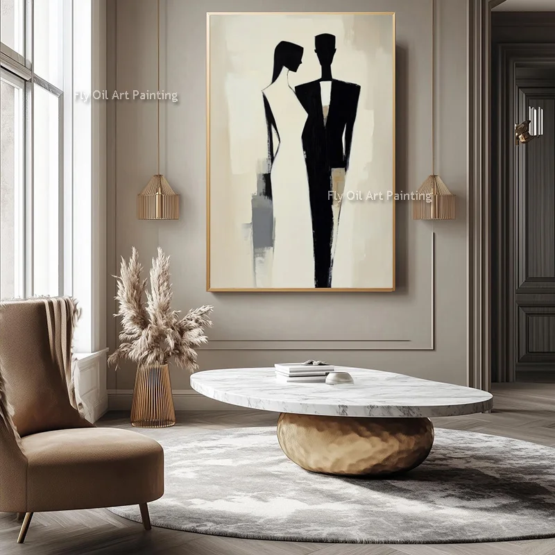 Hand Painted New Black And White People Walking Abstract Oil Painting On Canvas Popular Bedroom Decor Items Beige Artwork