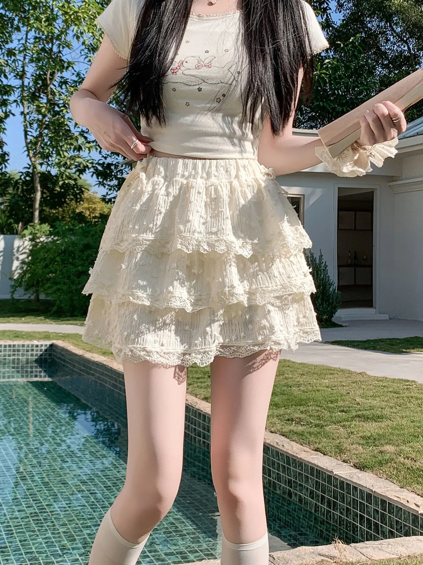 High Waist Lace Splice Pleated Short Skirt Women's 2026 Summer New Korean Style Versatile Anti-Light Cake Skirt