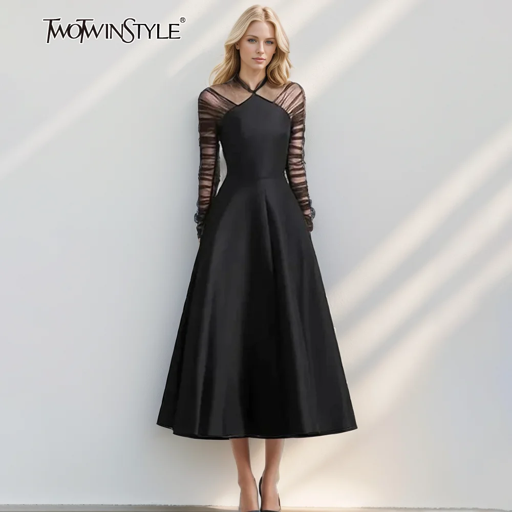 TWOTWINSTYLE Solid Patchwork Mesh Dresses For Women Halter Long Sleeve High Waist Elegant Spliced Folds A Line Dress Female New