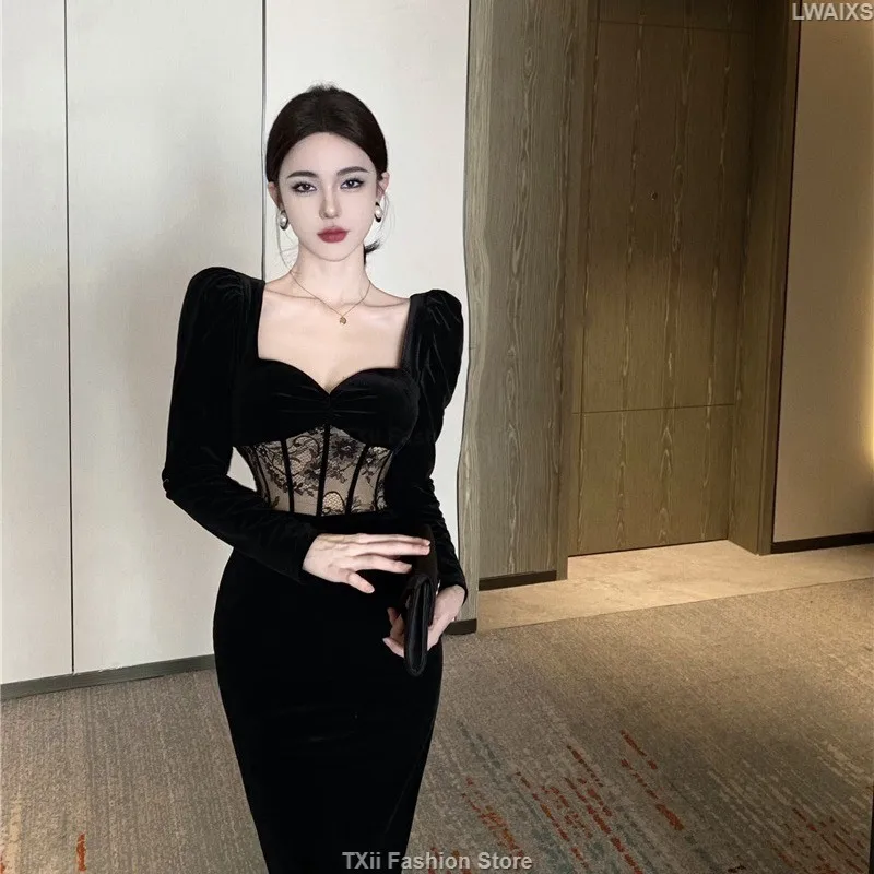 Women Elegant Black Velvet Sexy Party Dress French Vintage Lace Patchwork High Waist Long Dress Lady Long Sleeve Prom Dress