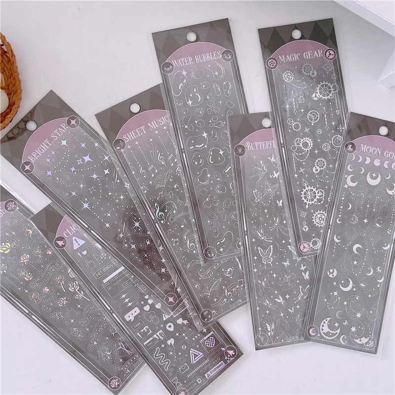 

1 Sheet Rose Flower Moon Star Stickers Laser Hot Silver Decorative Planner Diary Journal Scrapbook