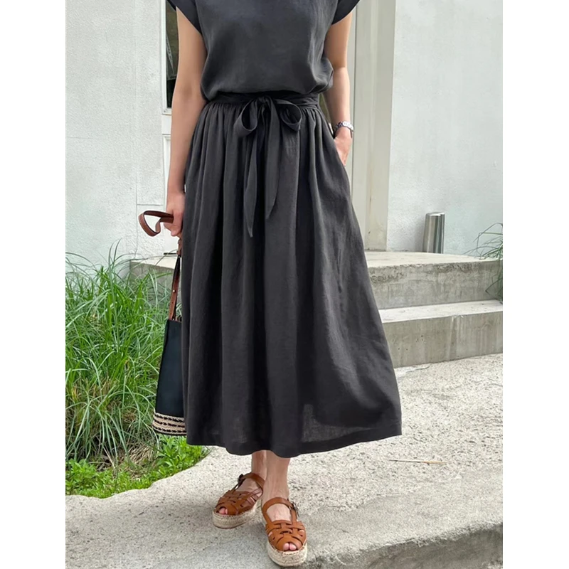 REALEFT Summer Cotton and Linen Women\'s Outfits Sets Casual O-Neck T-Shirts and Elastic Waist A-Line Skirts Female Suits