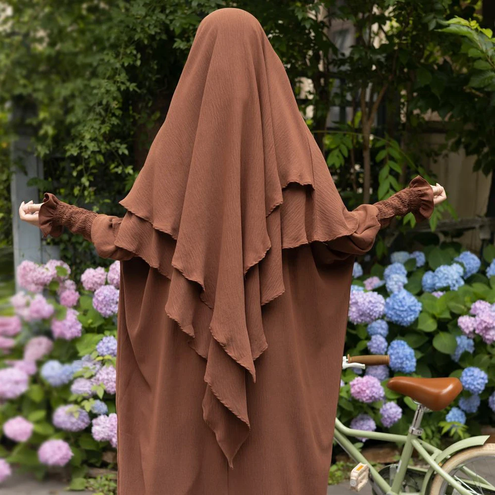 Khimar Hijab Back Two Layers Islamic Veil for Women Dubai Turkey Headscarf Muslim Scarf Shawl Prayer Clothes Ramadan (No Dress)