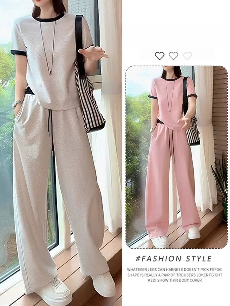 

Summer 2026 Casual Women's Set Short Sleeve T-Shirt Wide Leg Pants Loose Slimming Sporty Style Two-Piece Set Fashionable Comm...