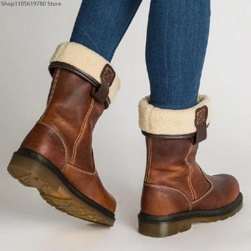 Men's Brown Leather Slouchy Boots Faux Fur Cuff Rubber Sole Lined Warm Casual Style for Winter Daily Leisure Fashion Outfits 2