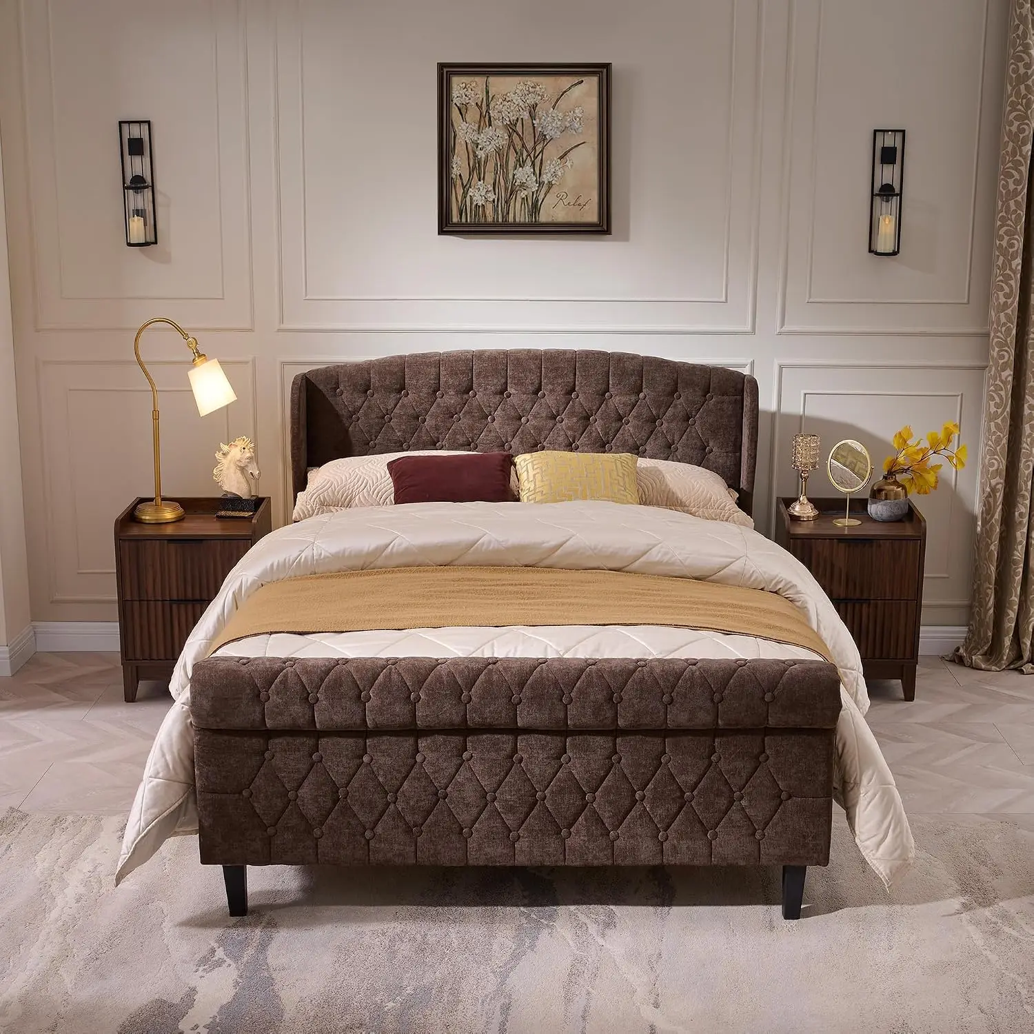 Chenille Queen Bed Frame with Wingback Headboard & Tufted Footboard, Wood Slats/No Box Spring/Easy Assembly, Customized