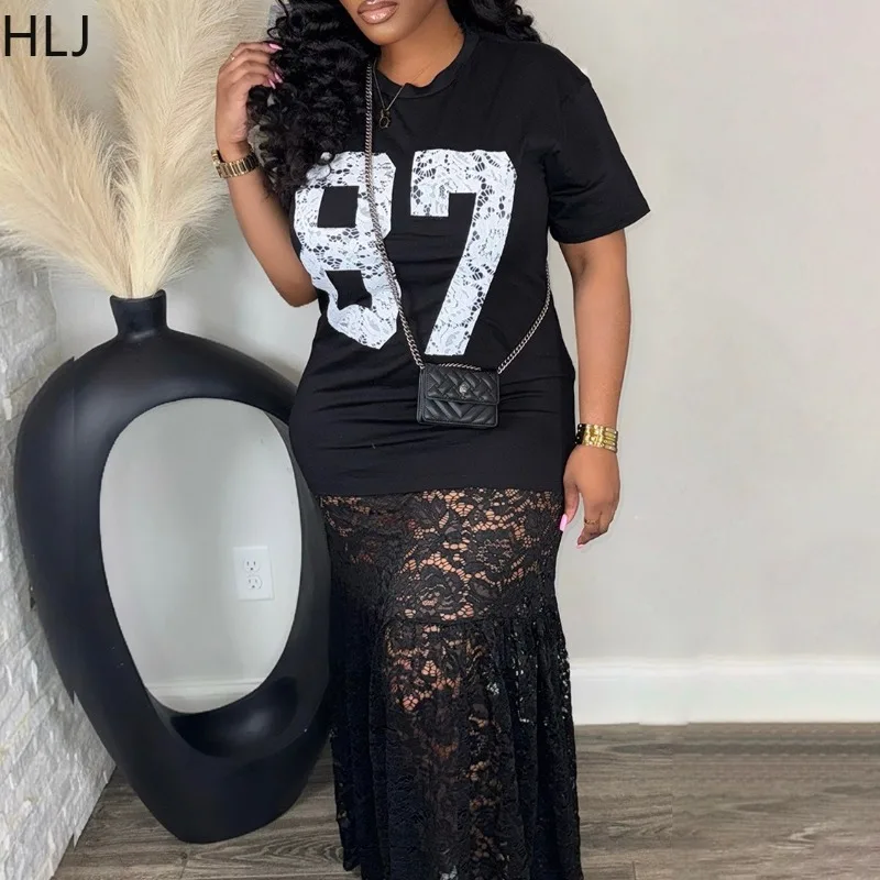 HLJ Sexy lettre impression moulante t-shirt robe longue femmes voir à travers manches courtes dentelle Patchwork robes femmes robes nouveau