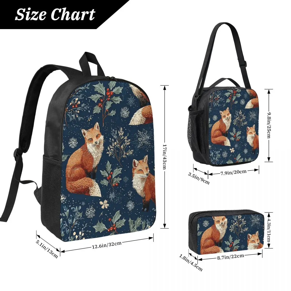 Cute Fox With Plant Pattern Backpack Student BookBag School Bag Computer Shoulder Bags 3ps Insulated Lunch Bag Pencil Case
