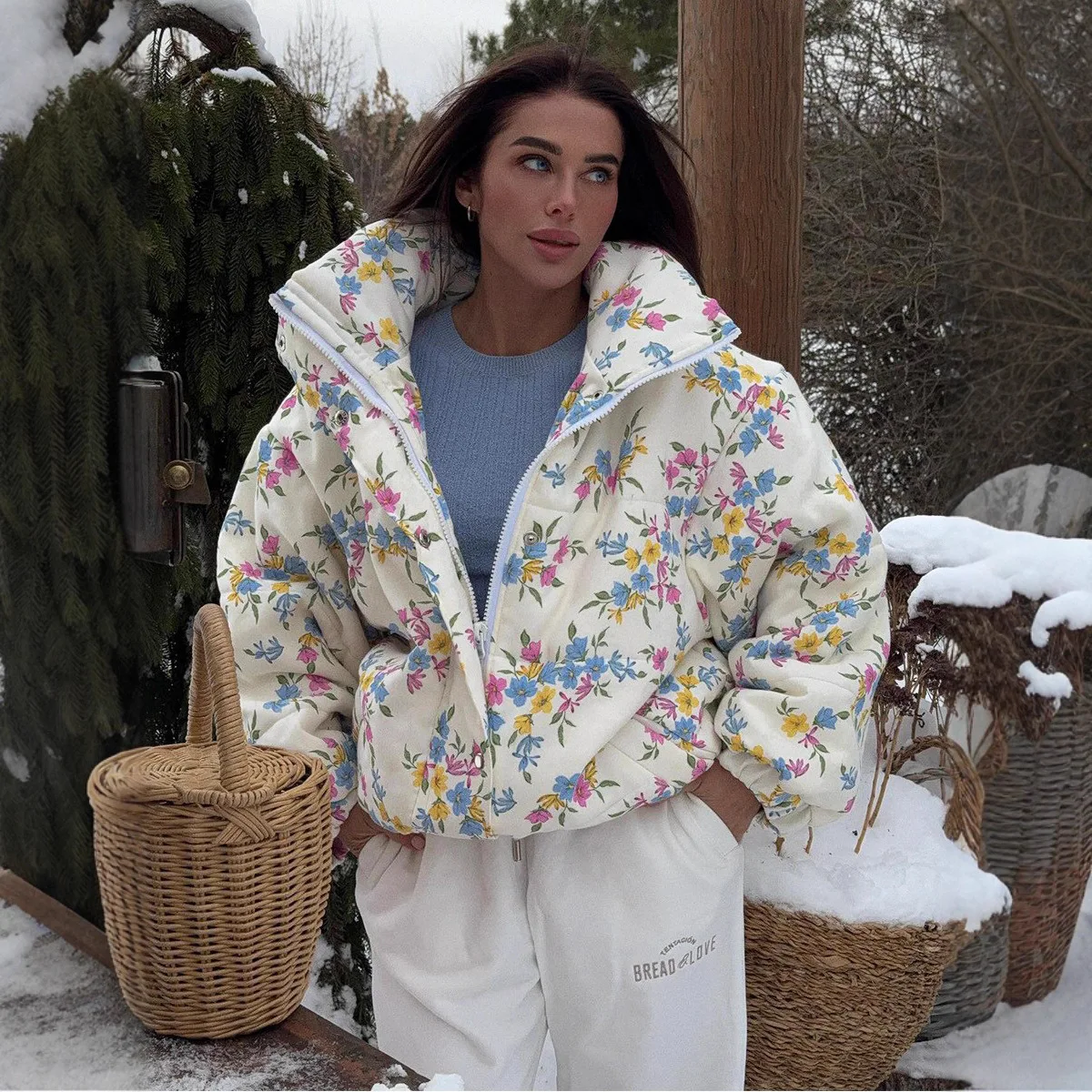 Autumn Winter New Women's Puffer Jacket Oversized Stand Up Collar Zipper Parka Floral Print Warm Cotton Padded Outerwear Coat