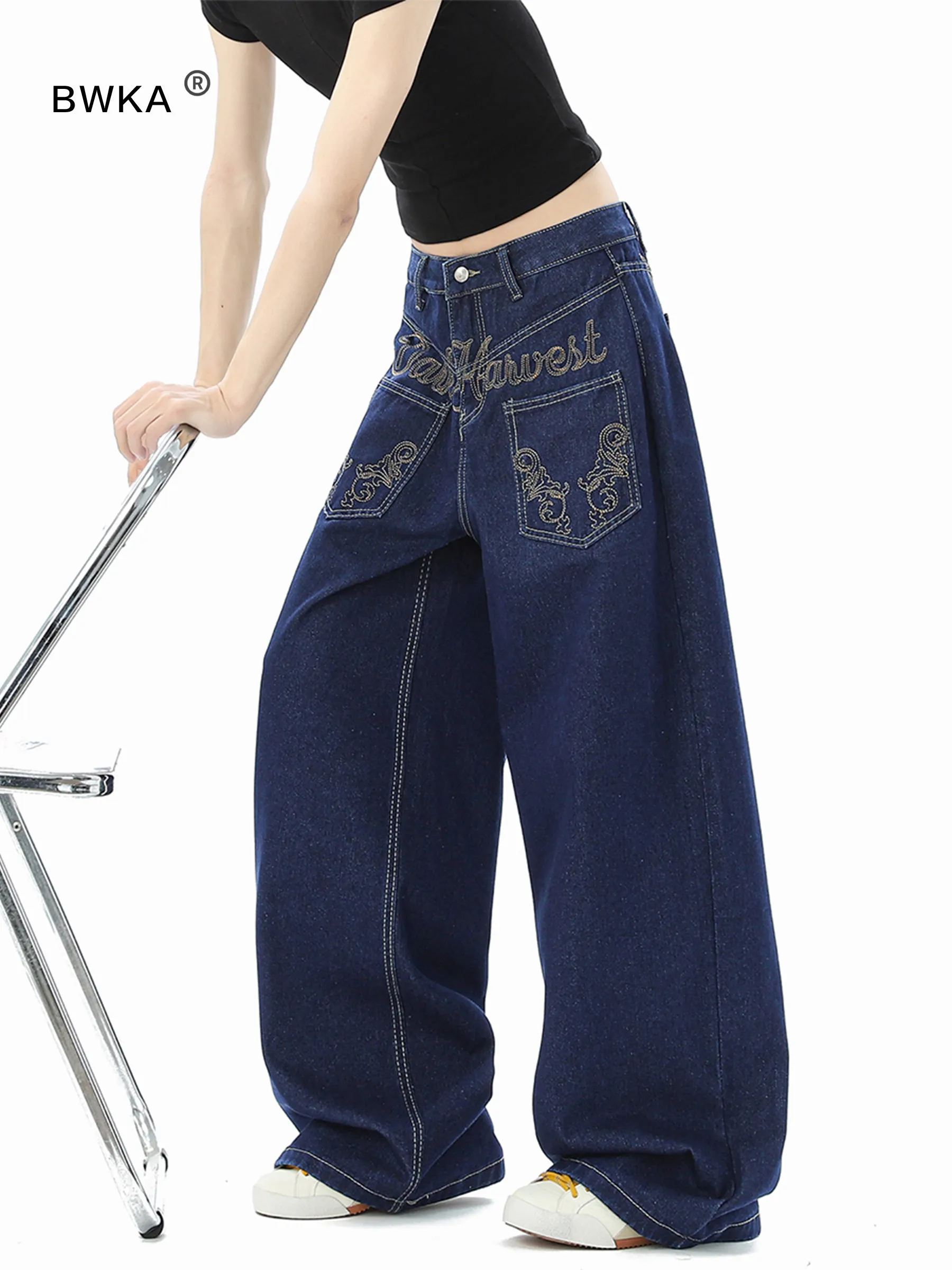 Retro American Embroidered Letter Washed Jeans Women's Loose Casual Wide Leg Pants Fashionable Street Style Cotton Denim