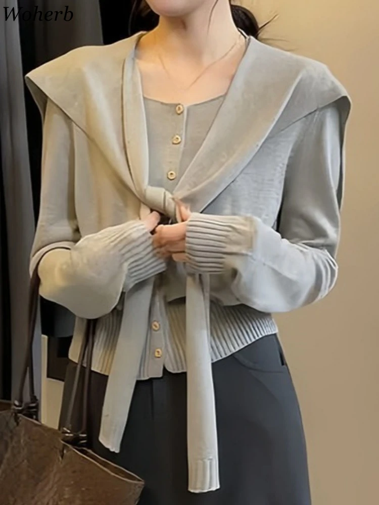 

Korean New Solid Cardigan Women Clothing Long Sleeve Single Breasted Sweater + Bandage Wraps 2025 Autumn Fashion Two-piece Set