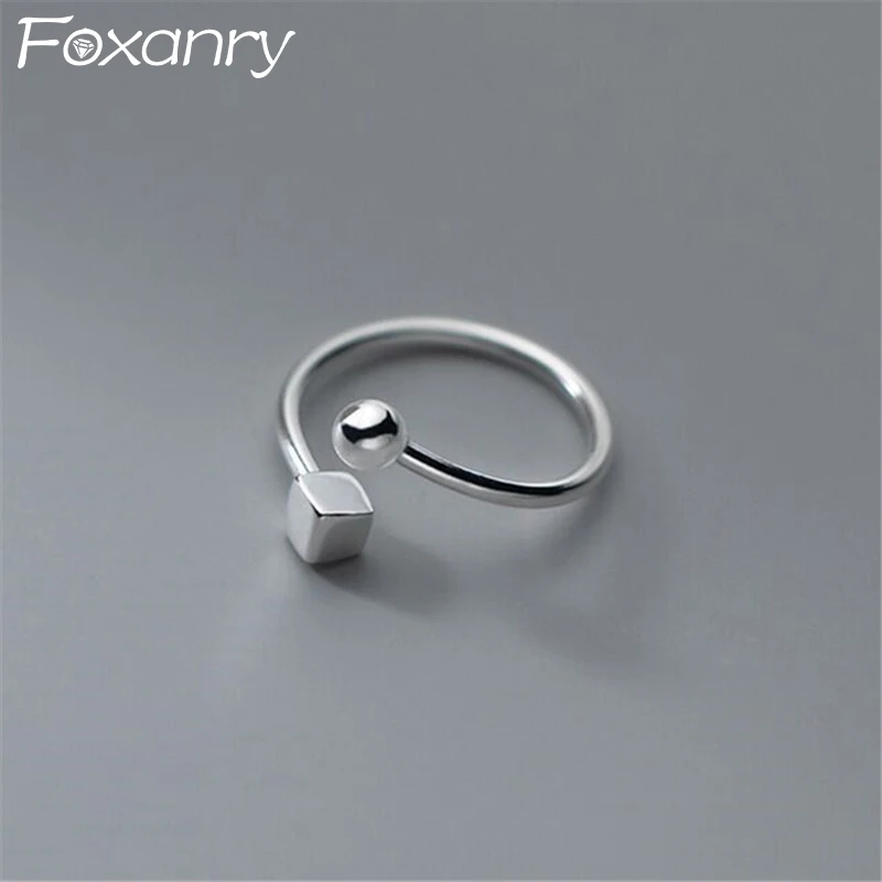 Foxanry Silver Color Smooth Cube Ball Geometric Rings For Women Classic Minimalist Elegant Trendy Personality Party Jewelry Gift