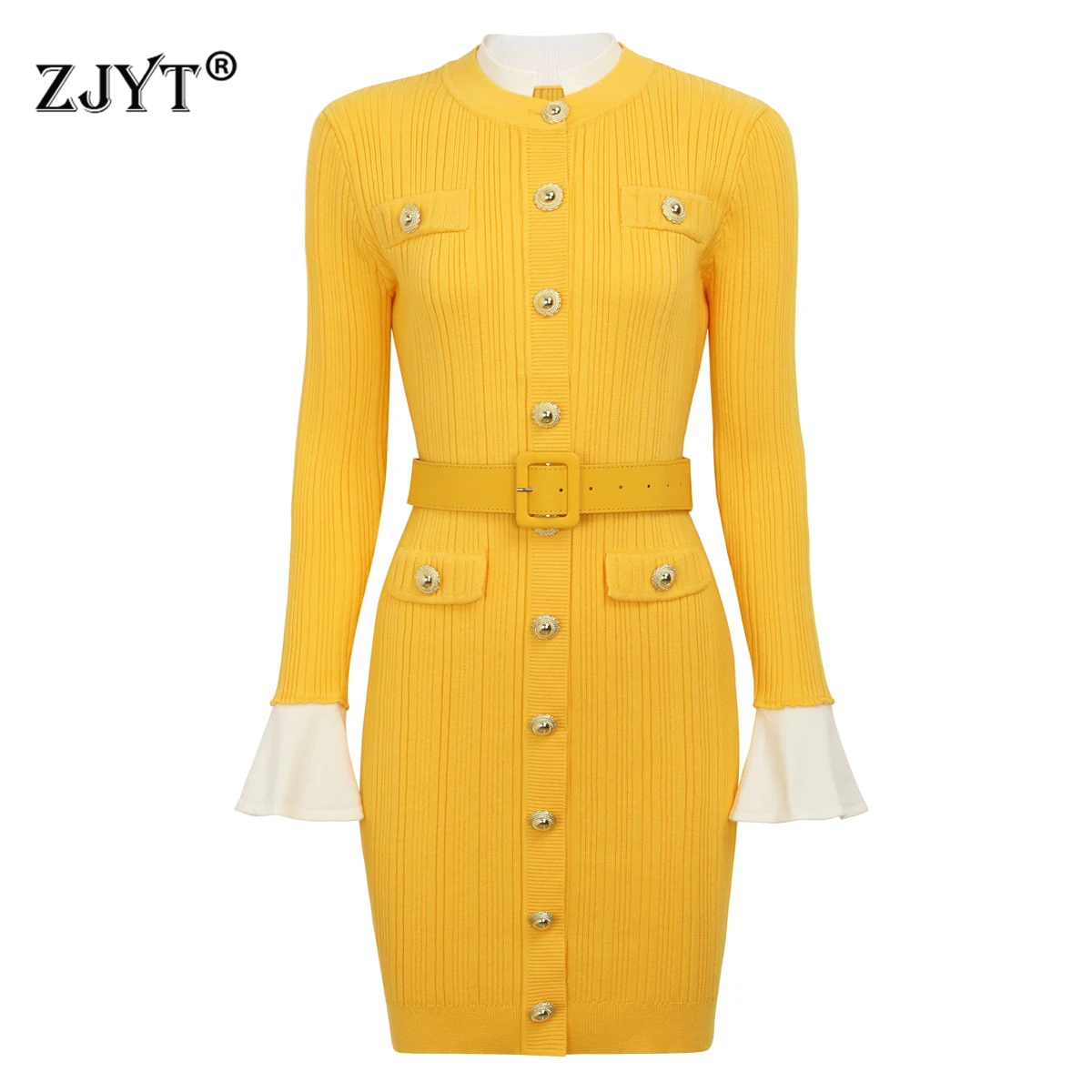 

ZJYT осенне-зимнее вязаное платье-свитер, женское платье 2022, элегантное однобортное короткое праздничное платье с расклешенными рукавами, желтое платье, Vestidos