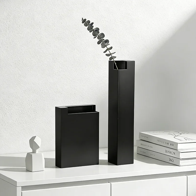 Minimalist geometric black metal vase creative art decor living room foyer desktop flower arrangement decor home accessories