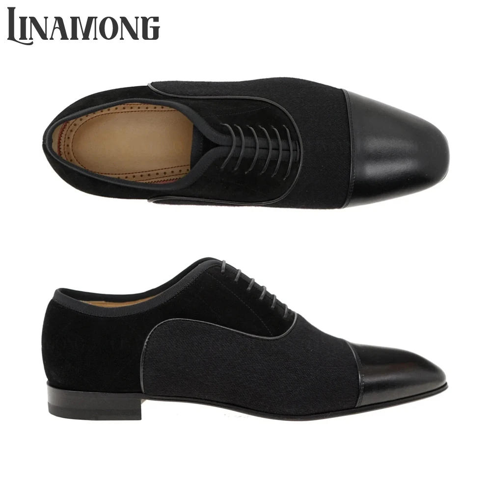 

Black Leather Velvet Canvas Oxfords Designer Classic Style Dress Shoes Almond Toe Handmade Shoes for Men Banquet Leather Shoes