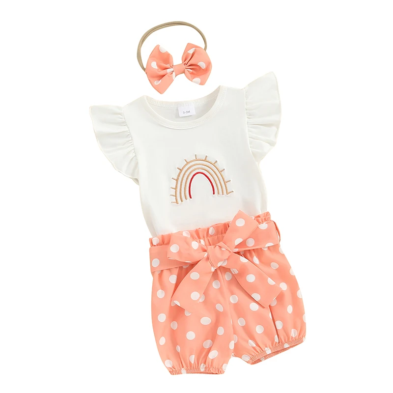

Baby Girl 3 Piece Clothes Rainbow Print Romper and Elastic Dot Shorts Headband Set Summer Outfits