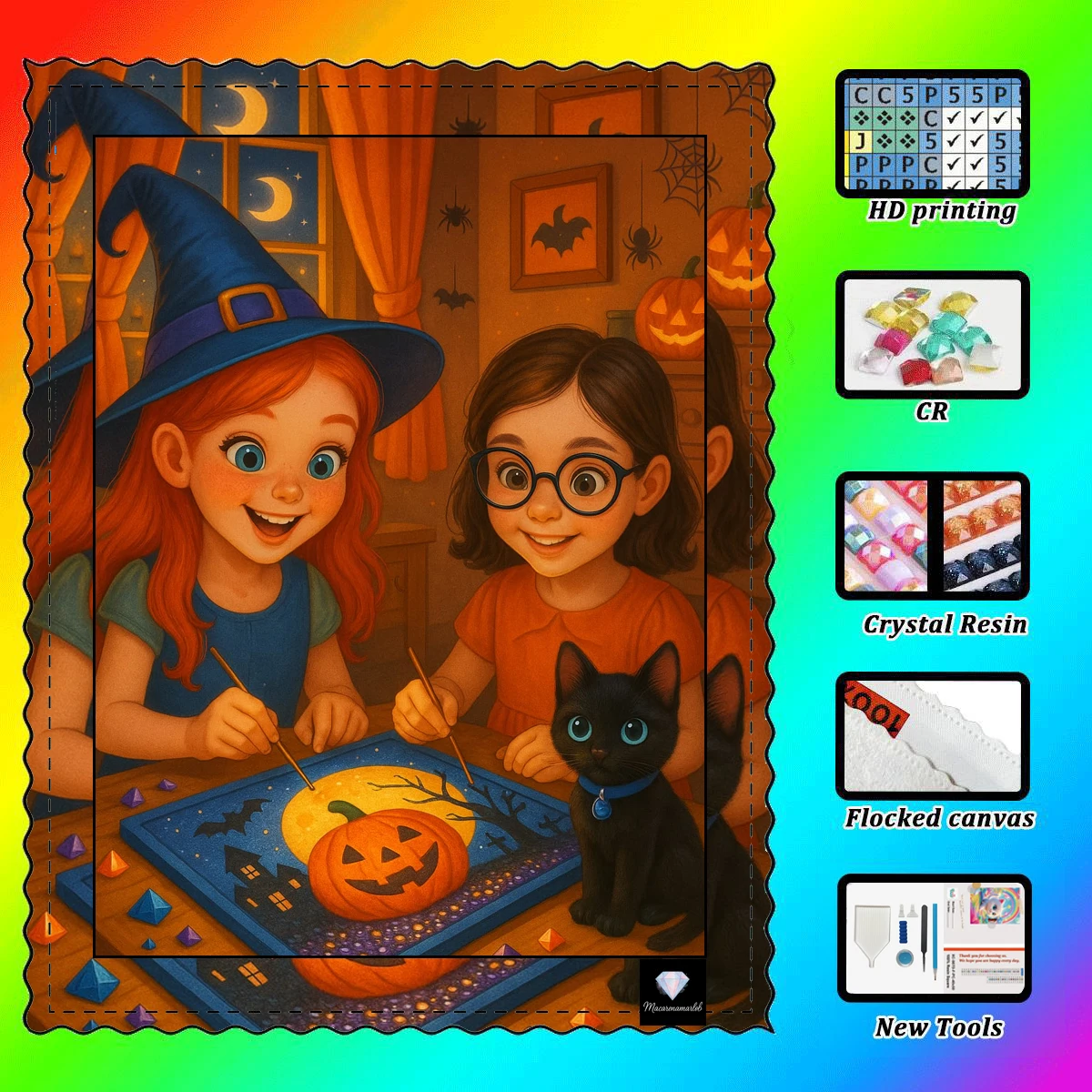 【Macarena Diamond Art】 Pintura de diamantes de resina para niñas de Halloween Tela de terciopelo Diamante especial incluido para niños creativos