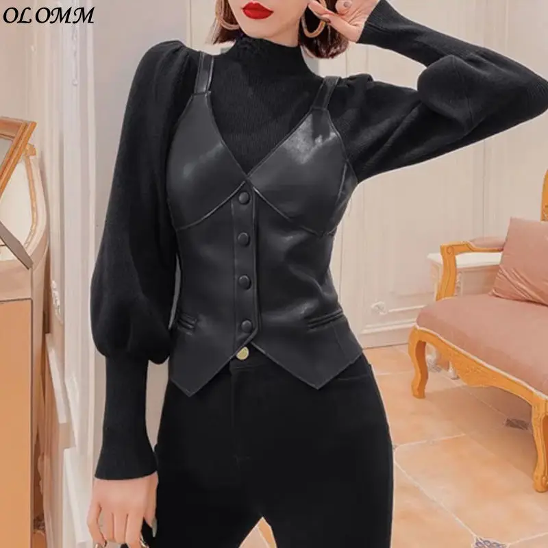 Women's Black Leather Vest Slim Versatile Spring And Autumn New V-neck High-end Coat Tank Korean Top Outerwear