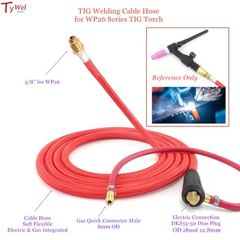 TIG welding cable hose 3m soft flexible integrated 5/8” 35-50 8mm quick connector for Tungsten air cooled welder WP26 torch