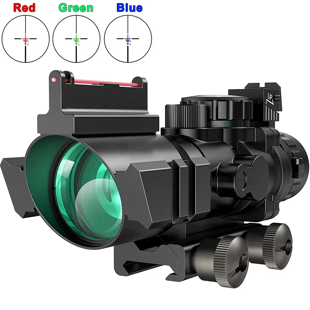 4X32 Prism Rifle Scope With Rear Iron Sight & Fiber Optics Sight Tri-Illuminated Rapid-Changing Etched Reticle ACOG 20mm Rail