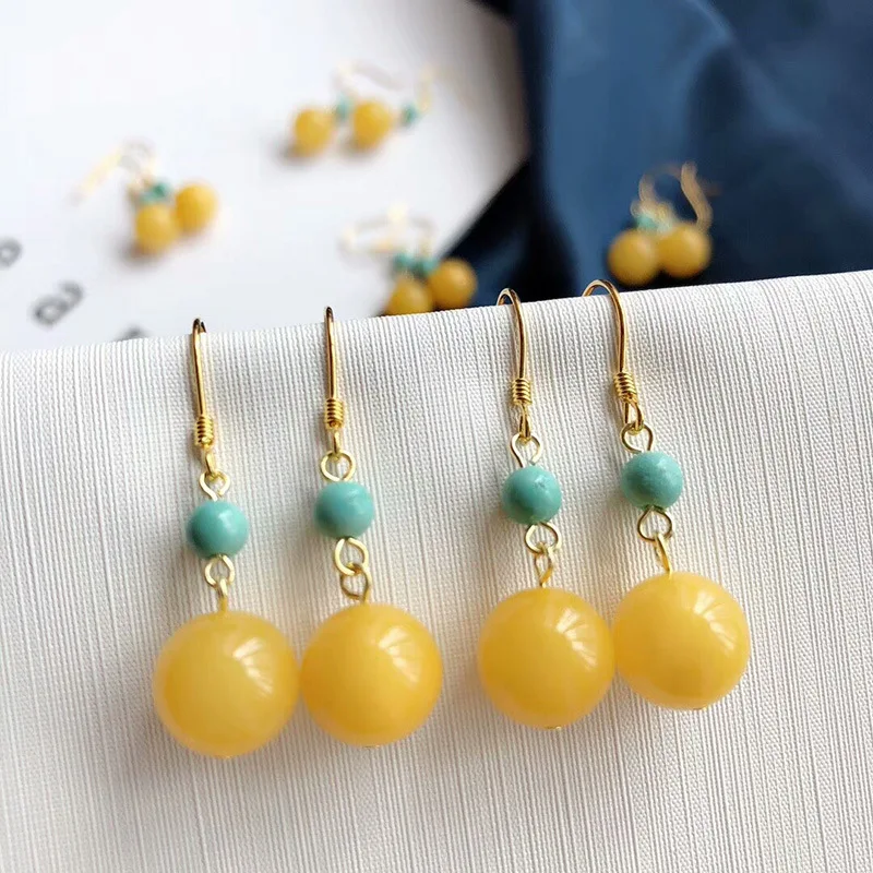 Chicken Fat Yellow 925 Silver Amber Small Round Earrings Ethnic Style